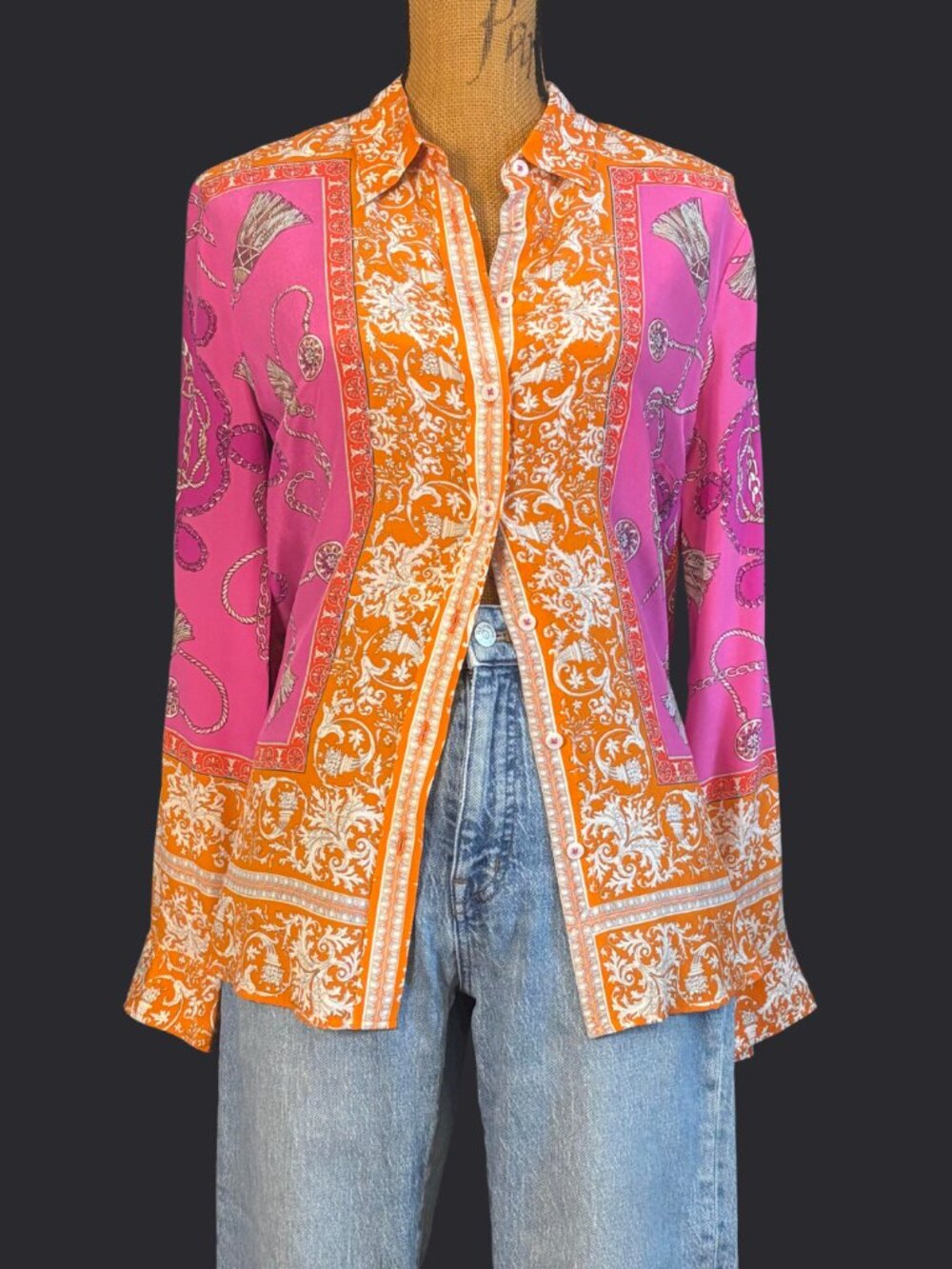 Anthropologie Orange & Pink Printed Button-Up Blouse